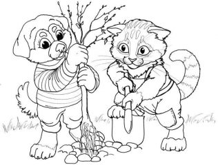 Кошка и собака сажают дерево