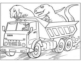 Раскраска Камаз с динозаврами