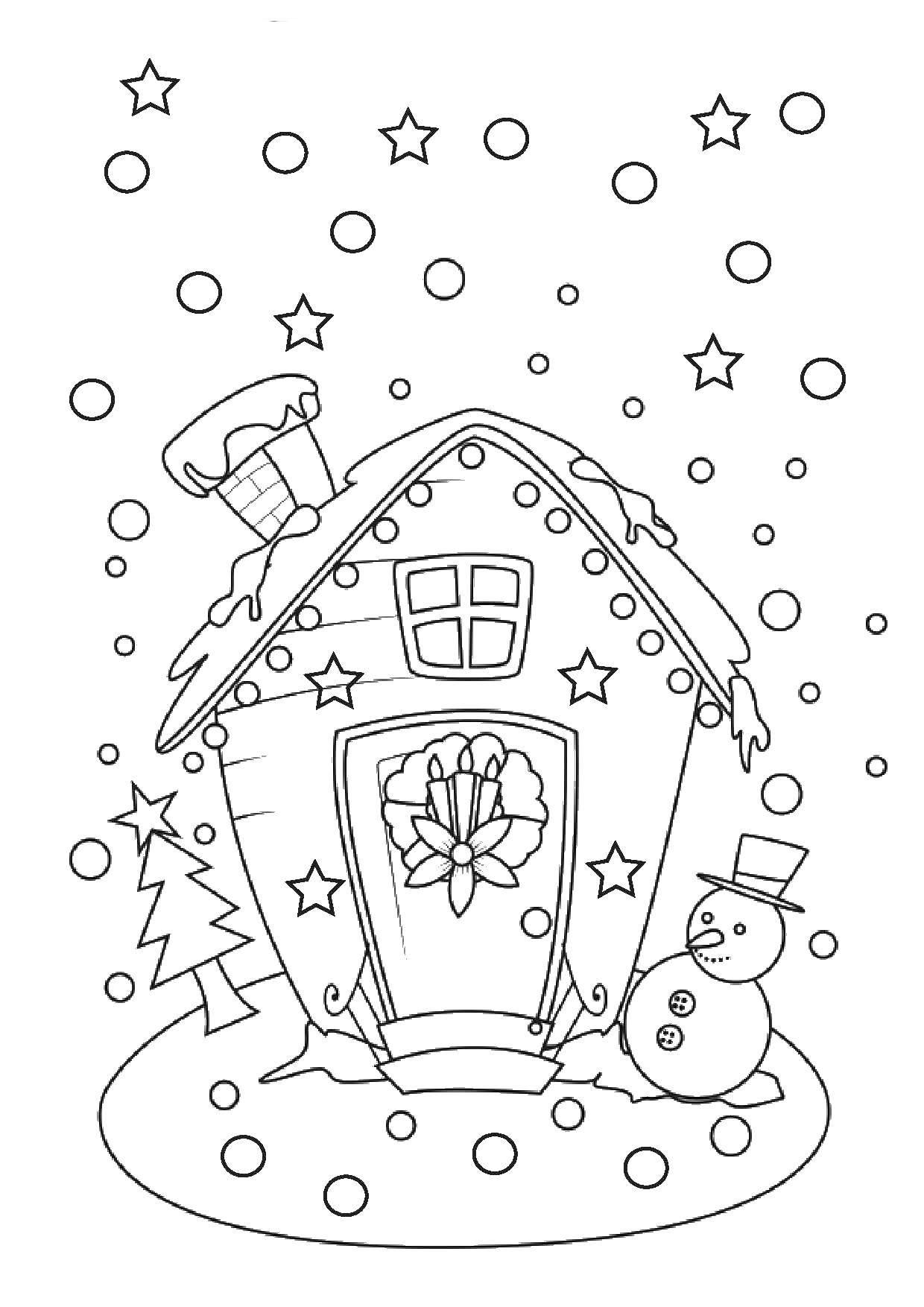 Раскраска зимний домик в снегу для детей распечатать